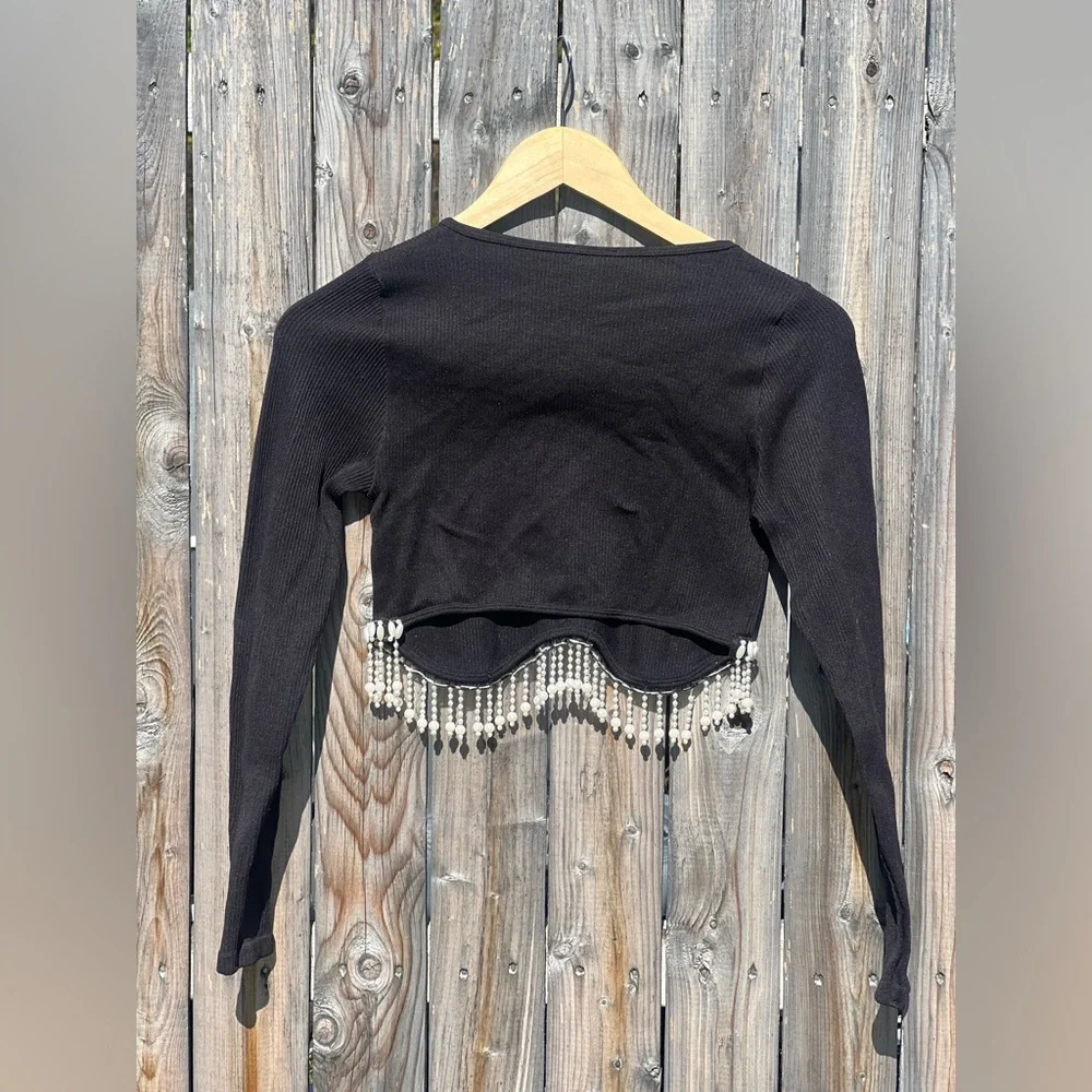 Zara Jewel Detail Crop Top in black with a rhinestone fringe appliqué NWT